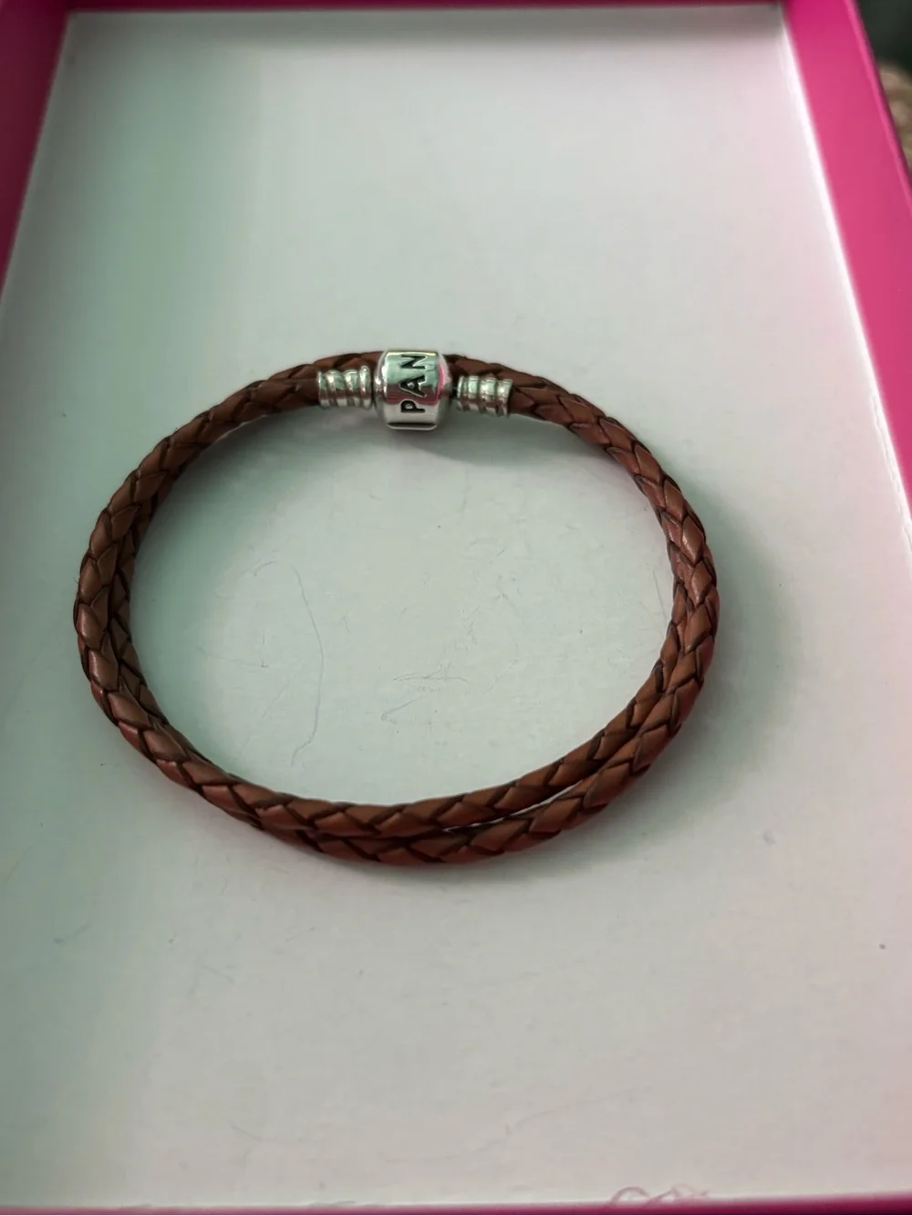 Pandora Brown Braided Leather Double Wrap Bracelet with Silver Clasp